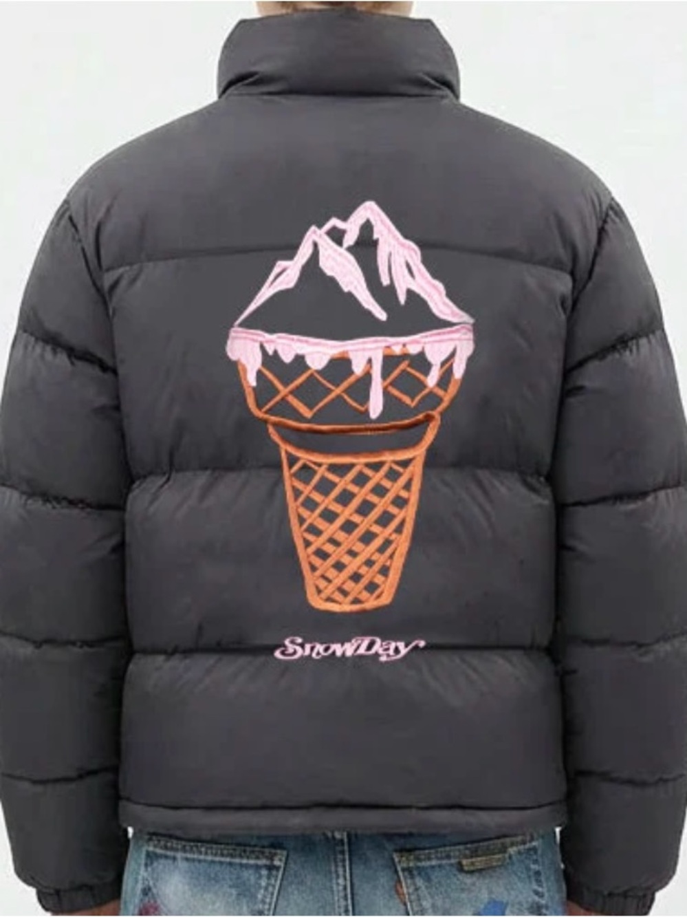 Men's Black Puffer Jacket with Pink & Orange Ice Cream Graphic
